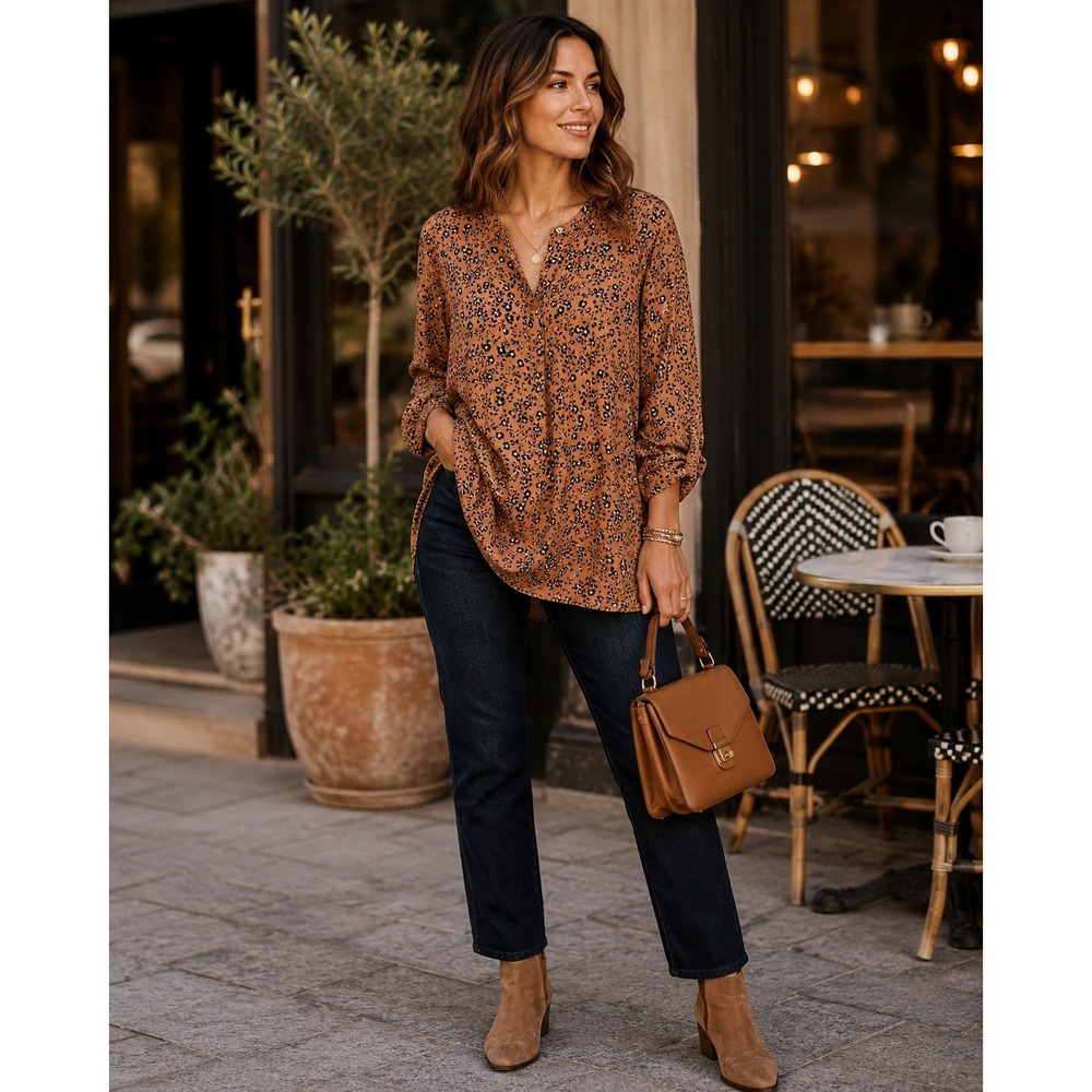 J. Jill Wearever Brown Floral Tunic‎ Top Stretch Knit 3/4 Sleeve Small RN97641